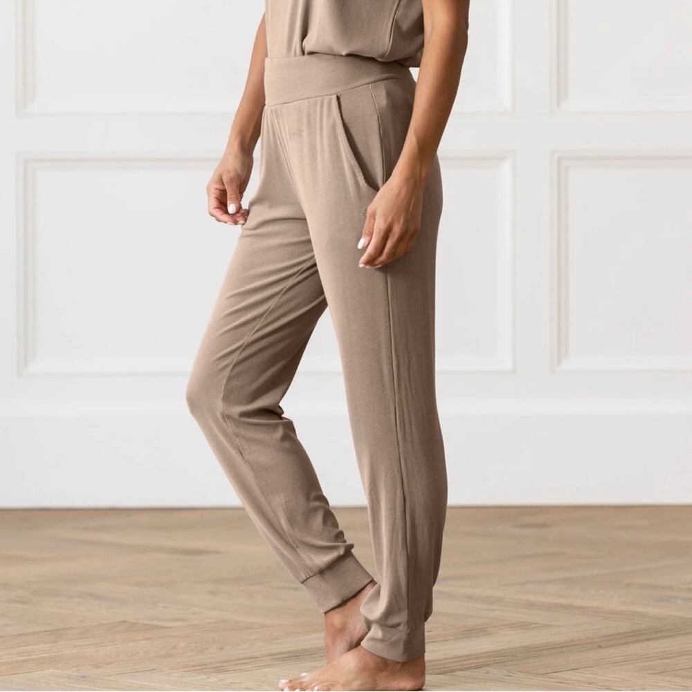 COZY EARTH Bamboo Rib Knit Jogger Pants Beige Suede - Picture 2 of 12